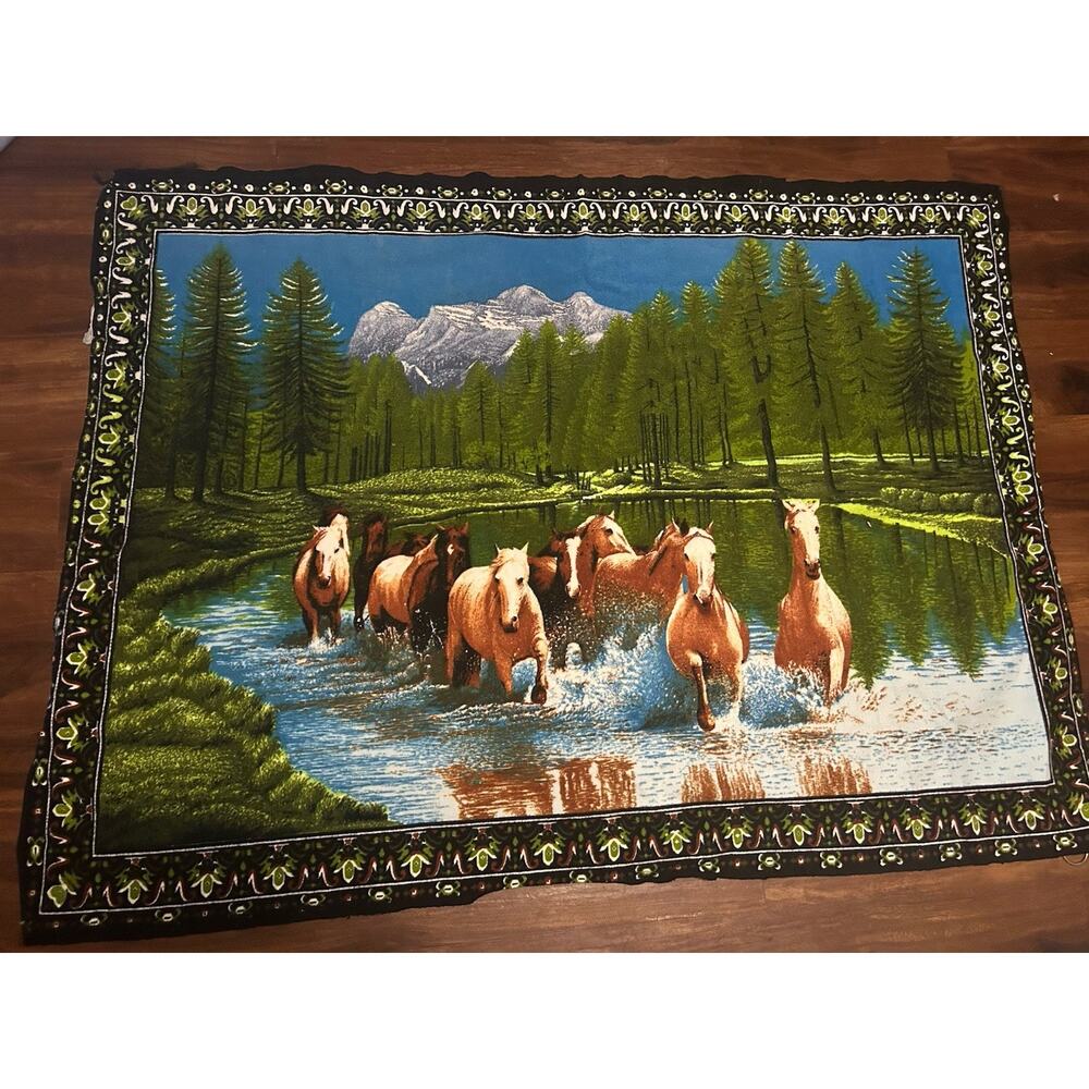 Galloping Wild Horses Tapestry Throw 53” X 39” Mountain Range Equine Lake